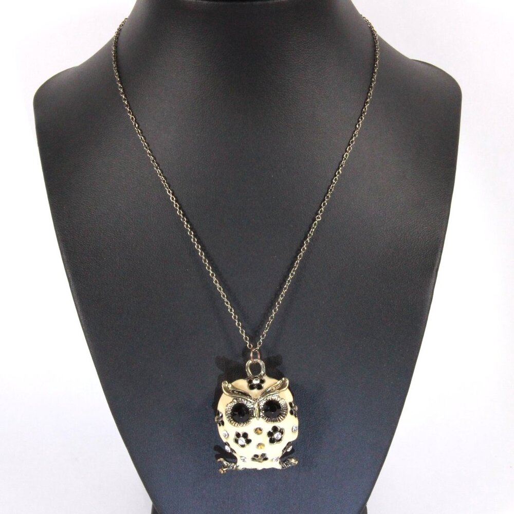 Copper Tone Necklace with an Owl with Black and Clear Rhinestones Attached